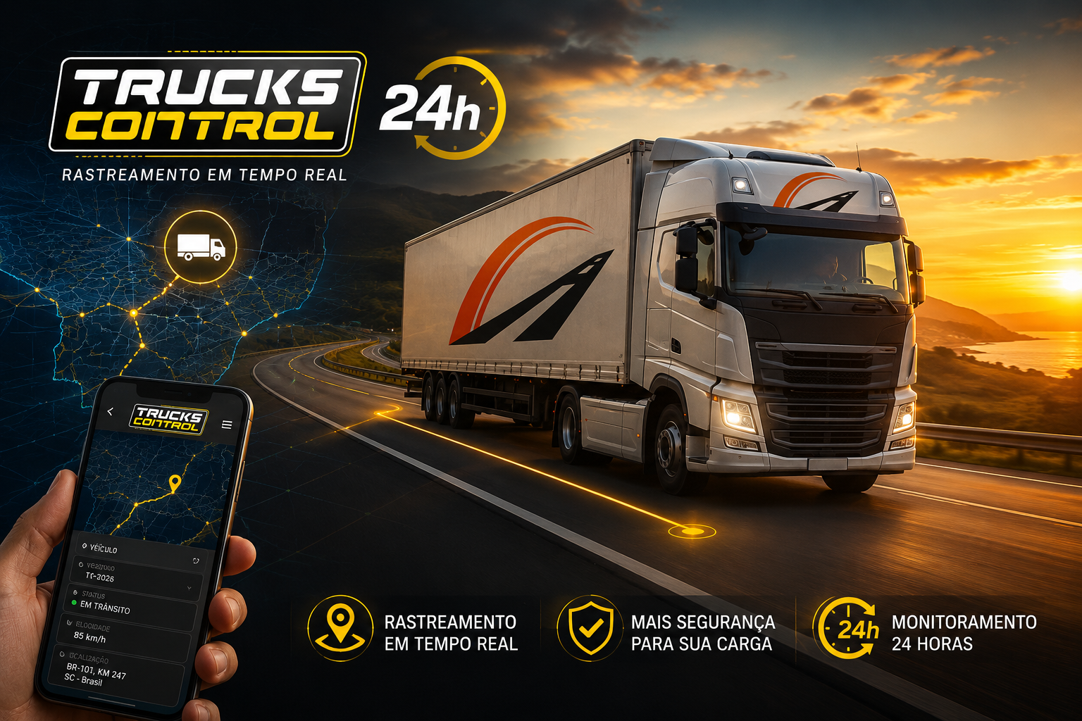 Aplicativo Trucks Control mostrando o rastreamento em tempo real de um veículo da frota LUGA Transportes